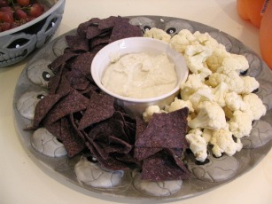 Halloween Party Food Skewered Brains and Witches Fingernails (Dip w/ cauliflower and chips)